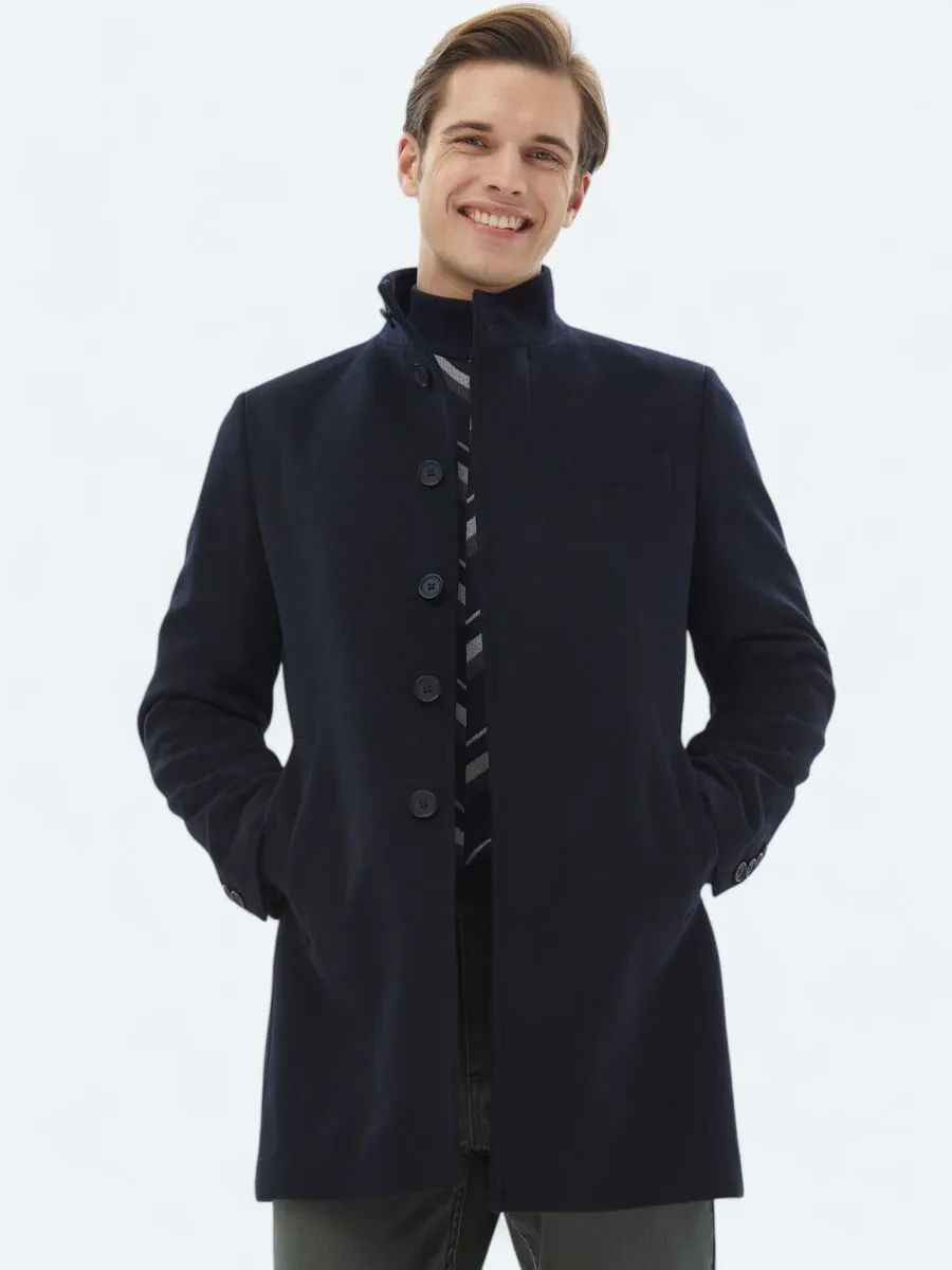 Navy Blue Weaving Overcoat - 1