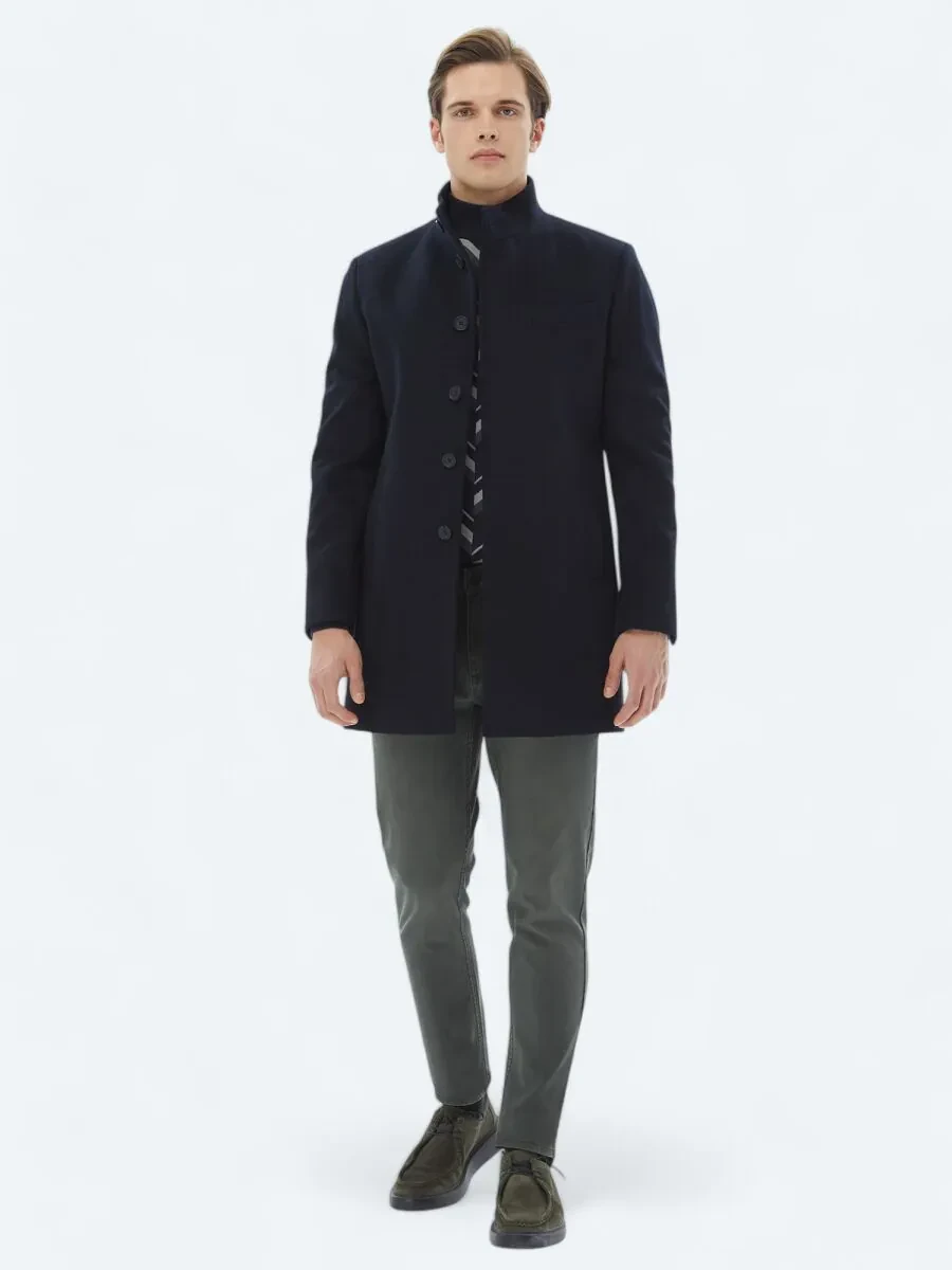 Navy Blue Weaving Overcoat - 2