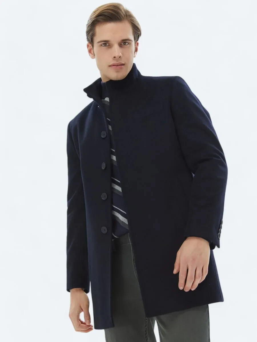 Navy Blue Weaving Overcoat - 3