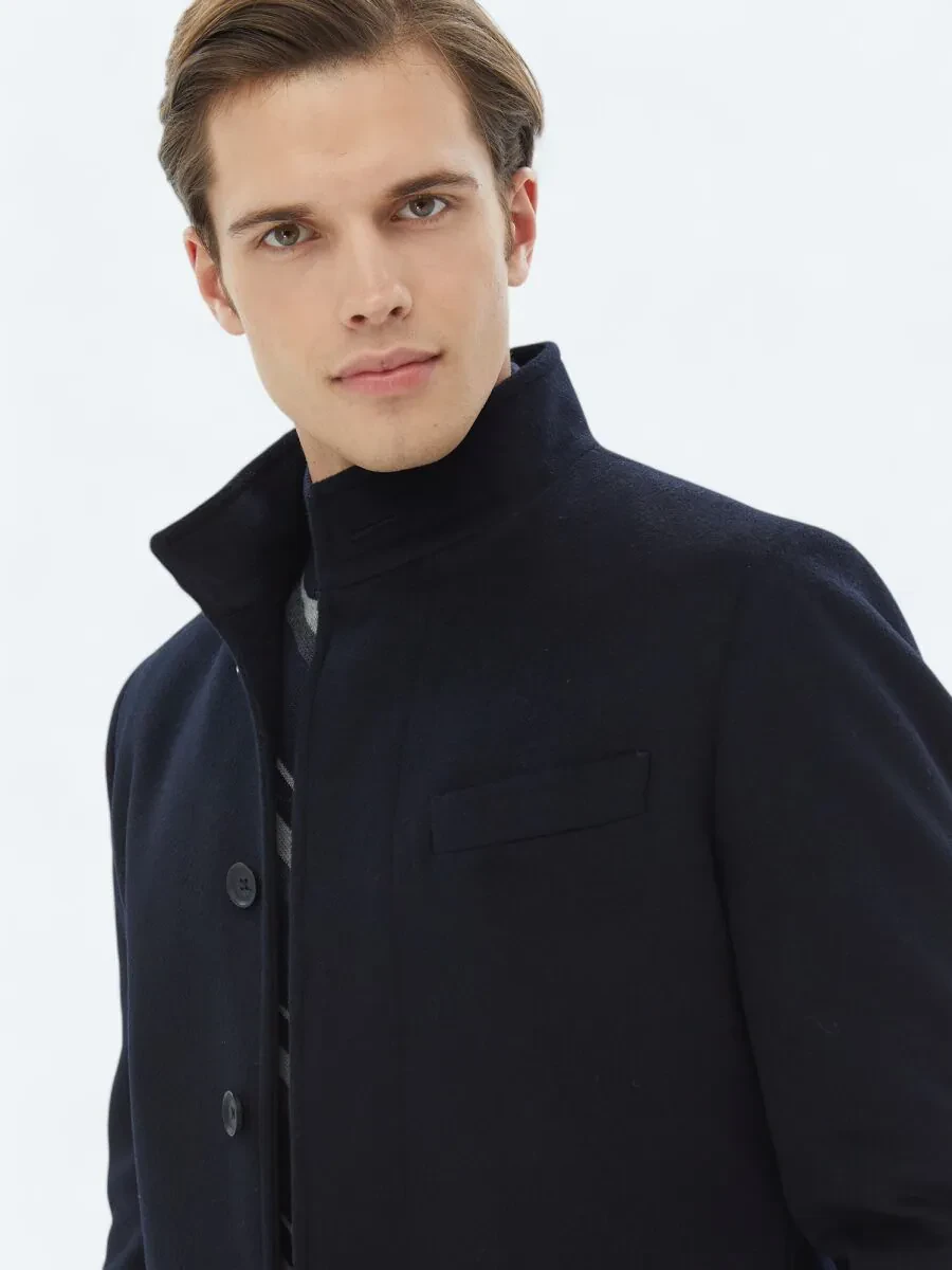 Navy Blue Weaving Overcoat - 4