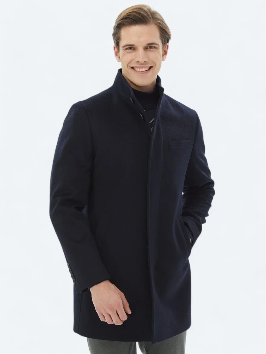 Navy Blue Weaving Overcoat - 5