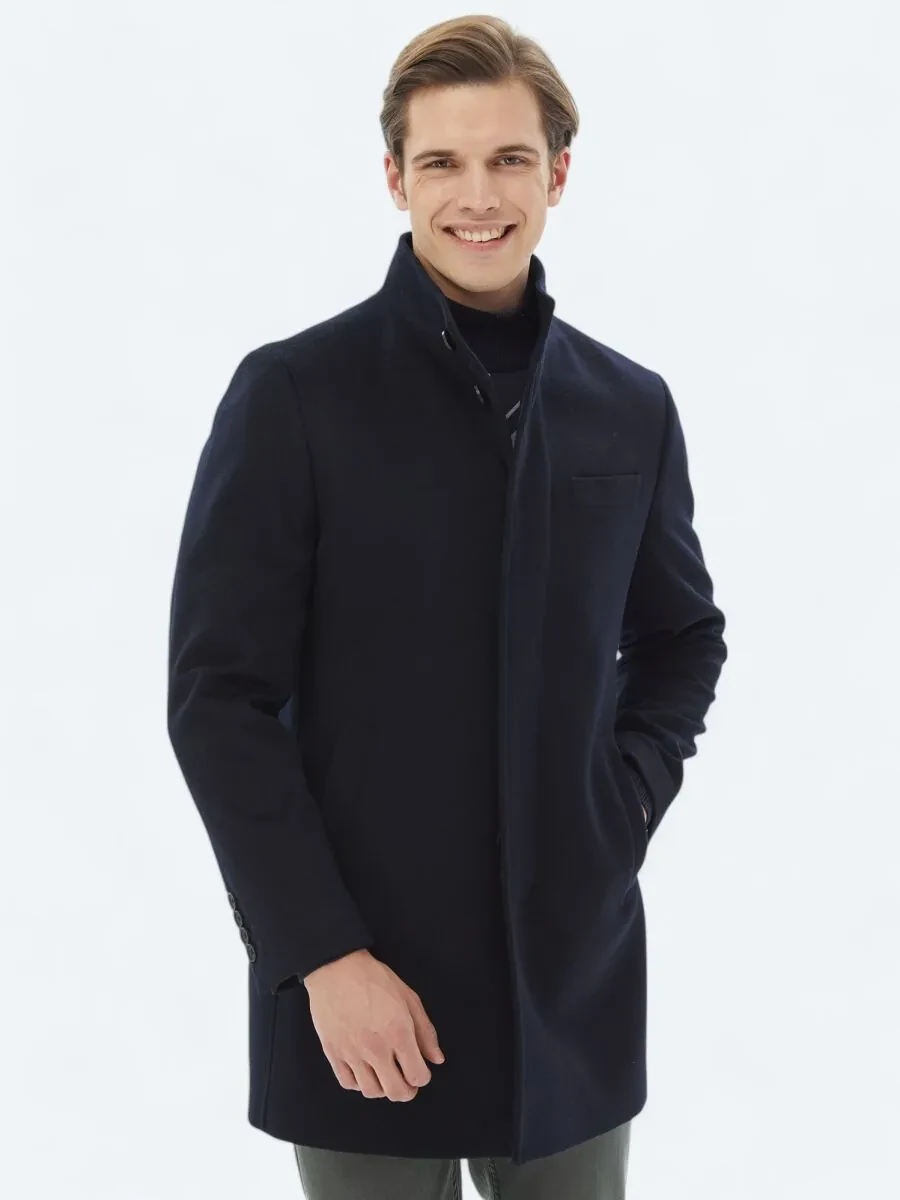 Navy Blue Weaving Overcoat - 5