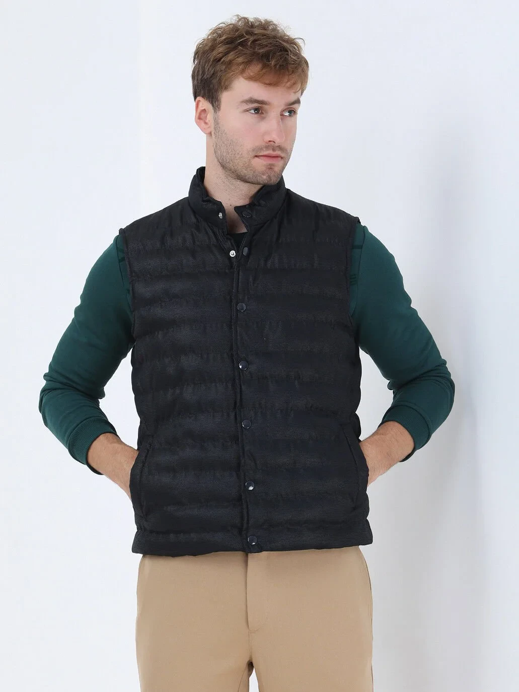 Navy Blue Weaving Puffer Vest - 1