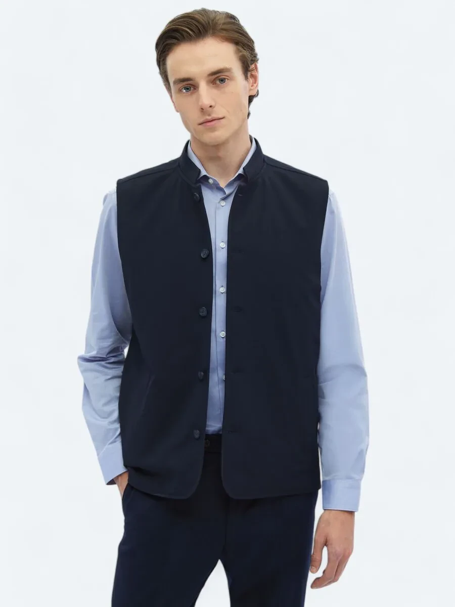 Navy Blue Weaving Puffer Vest - 1