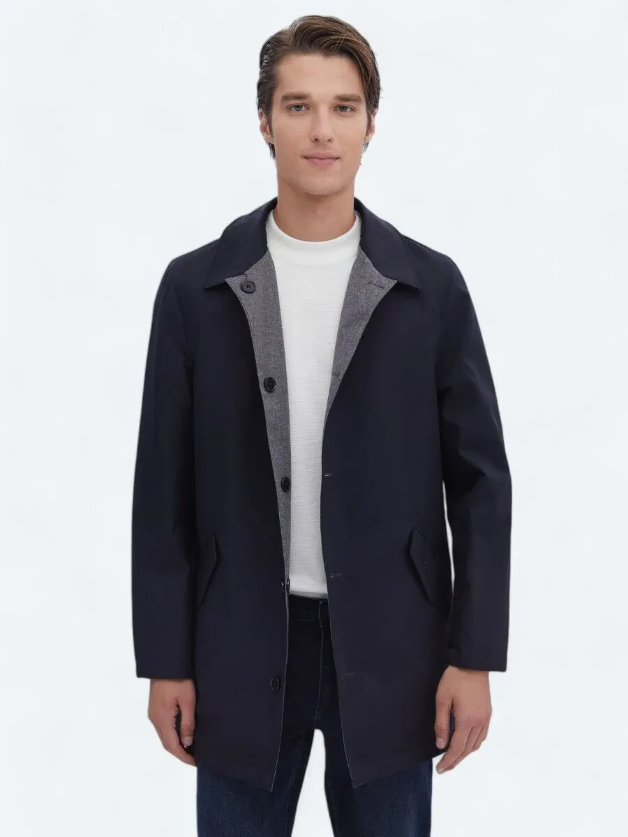 Navy Blue Weaving Rain Coat - 1