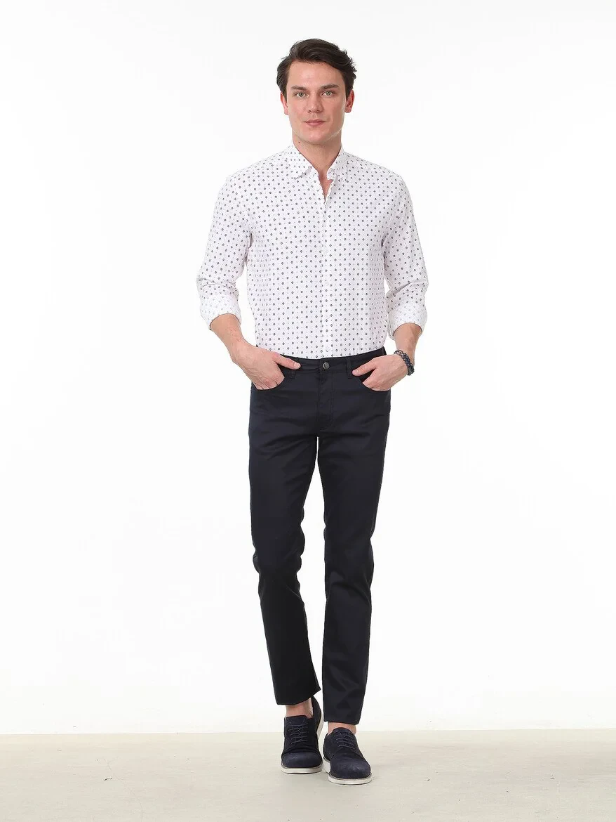 Navy Blue Weaving Regular Fit Casual Cotton Blended Trousers - 1