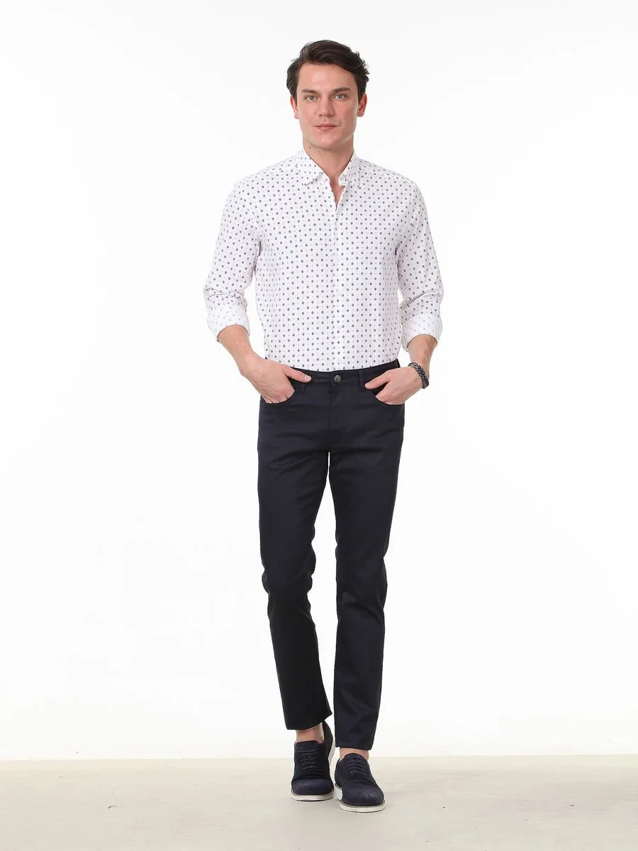 Navy Blue Weaving Regular Fit Casual Cotton Blended Trousers - 1