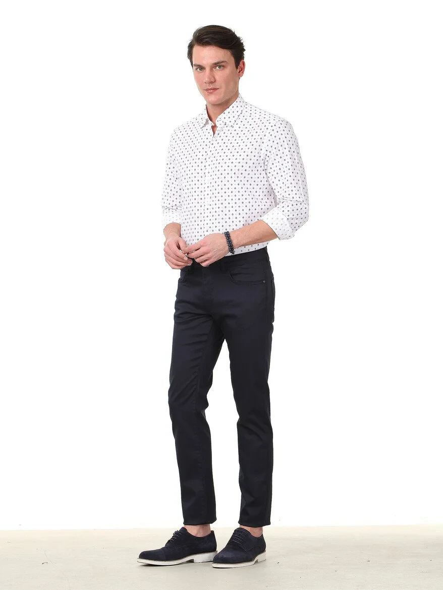 Navy Blue Weaving Regular Fit Casual Cotton Blended Trousers - 2