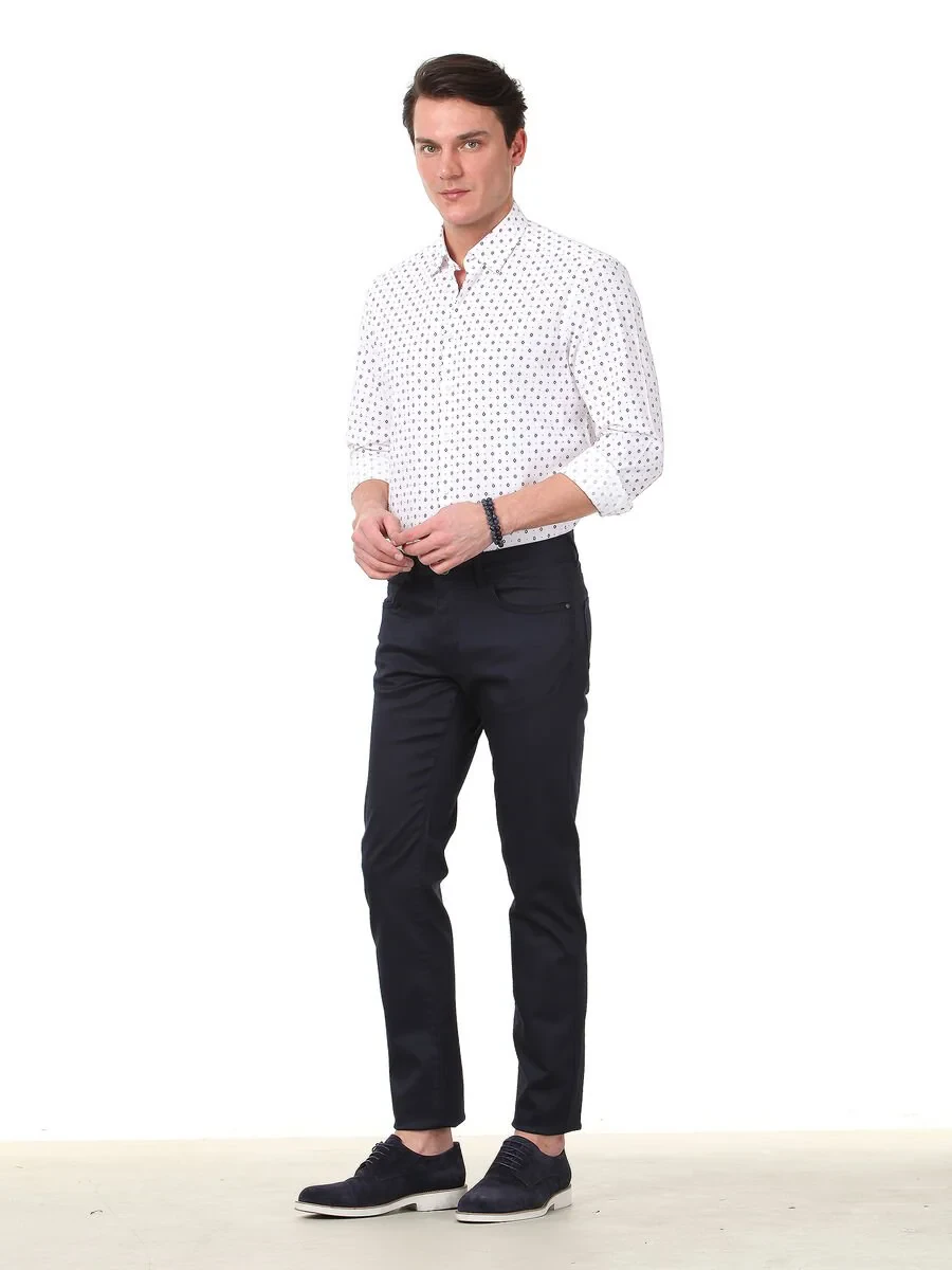 Navy Blue Weaving Regular Fit Casual Cotton Blended Trousers - 2