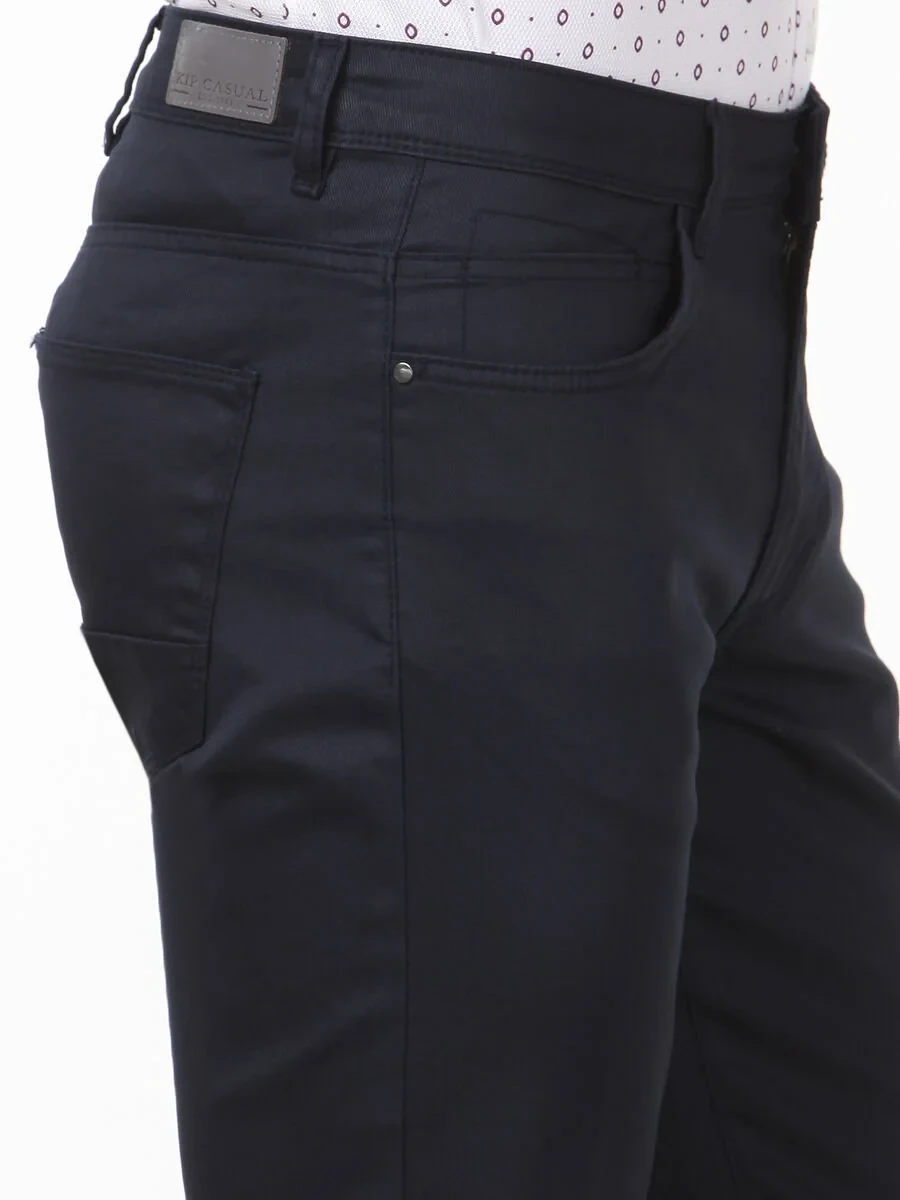 Navy Blue Weaving Regular Fit Casual Cotton Blended Trousers - 3