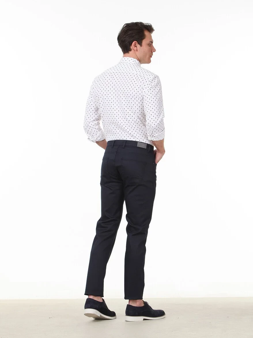 Navy Blue Weaving Regular Fit Casual Cotton Blended Trousers 