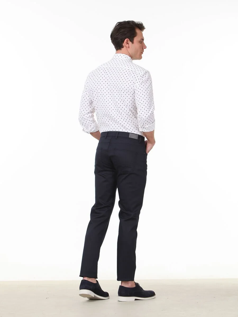 Navy Blue Weaving Regular Fit Casual Cotton Blended Trousers - 4