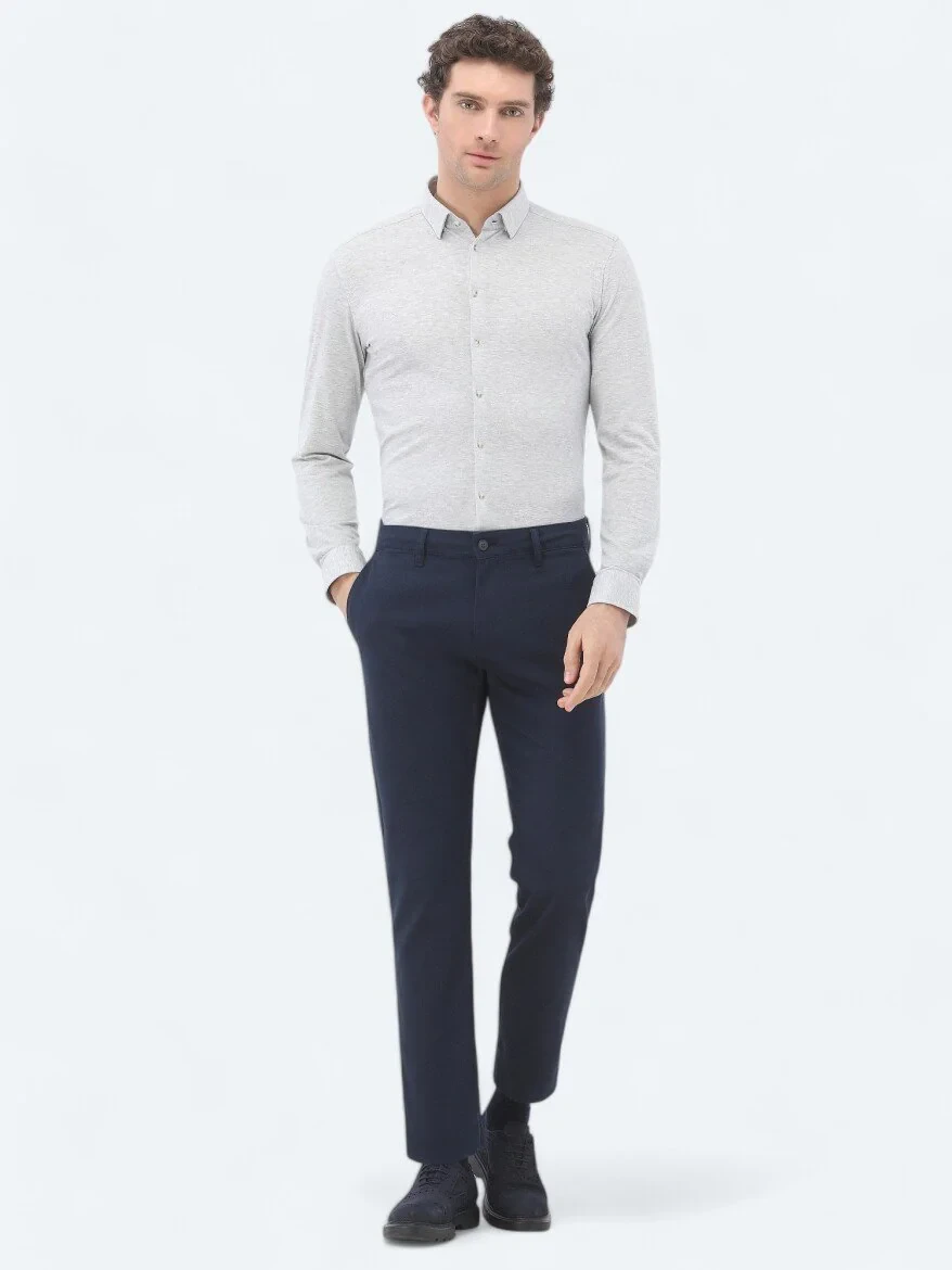 Navy Blue Weaving Regular Fit Casual Cotton Blended Trousers - 1
