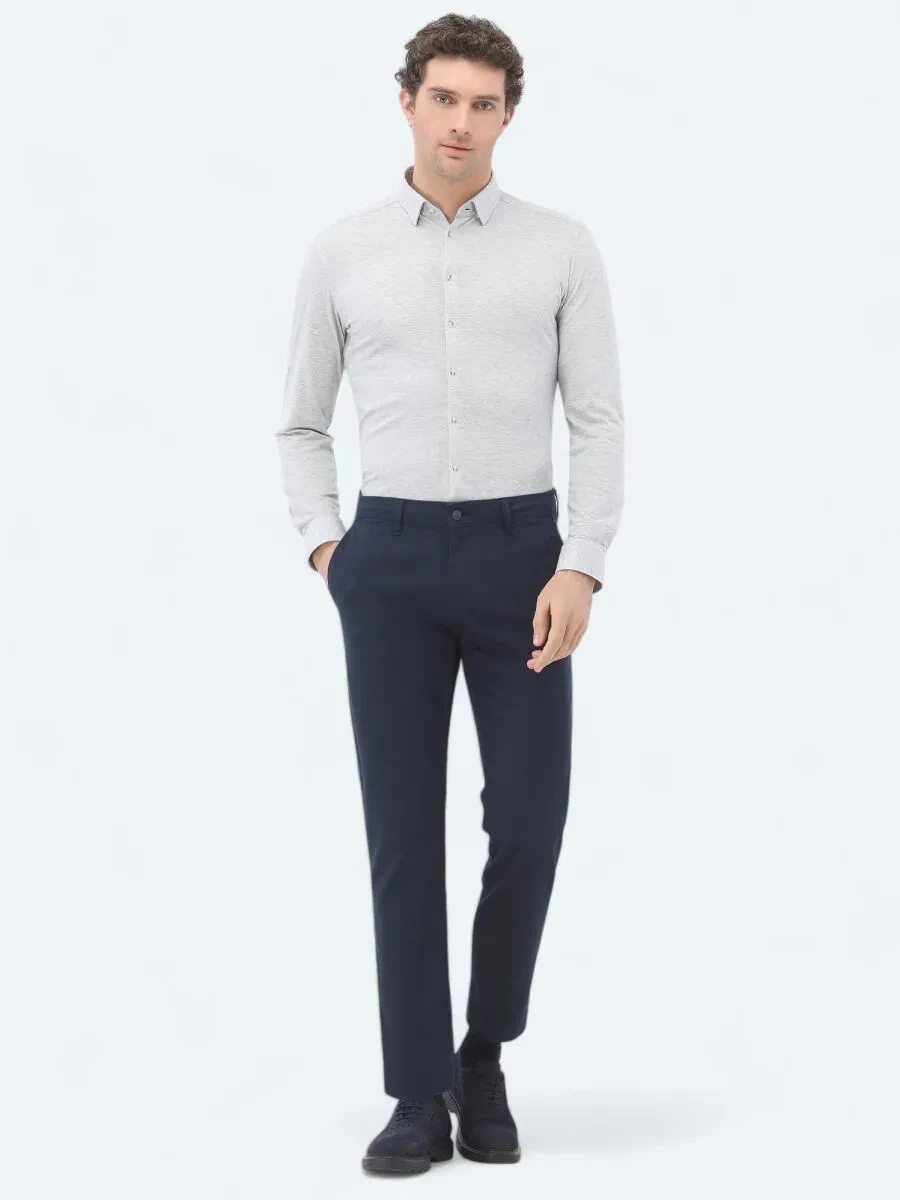 Navy Blue Weaving Regular Fit Casual Cotton Blended Trousers - 1