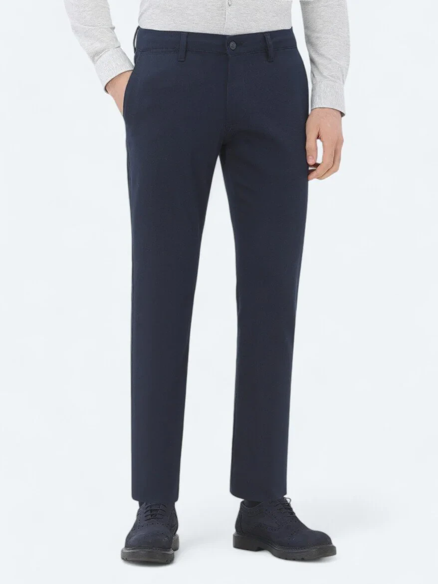 Navy Blue Weaving Regular Fit Casual Cotton Blended Trousers - 2