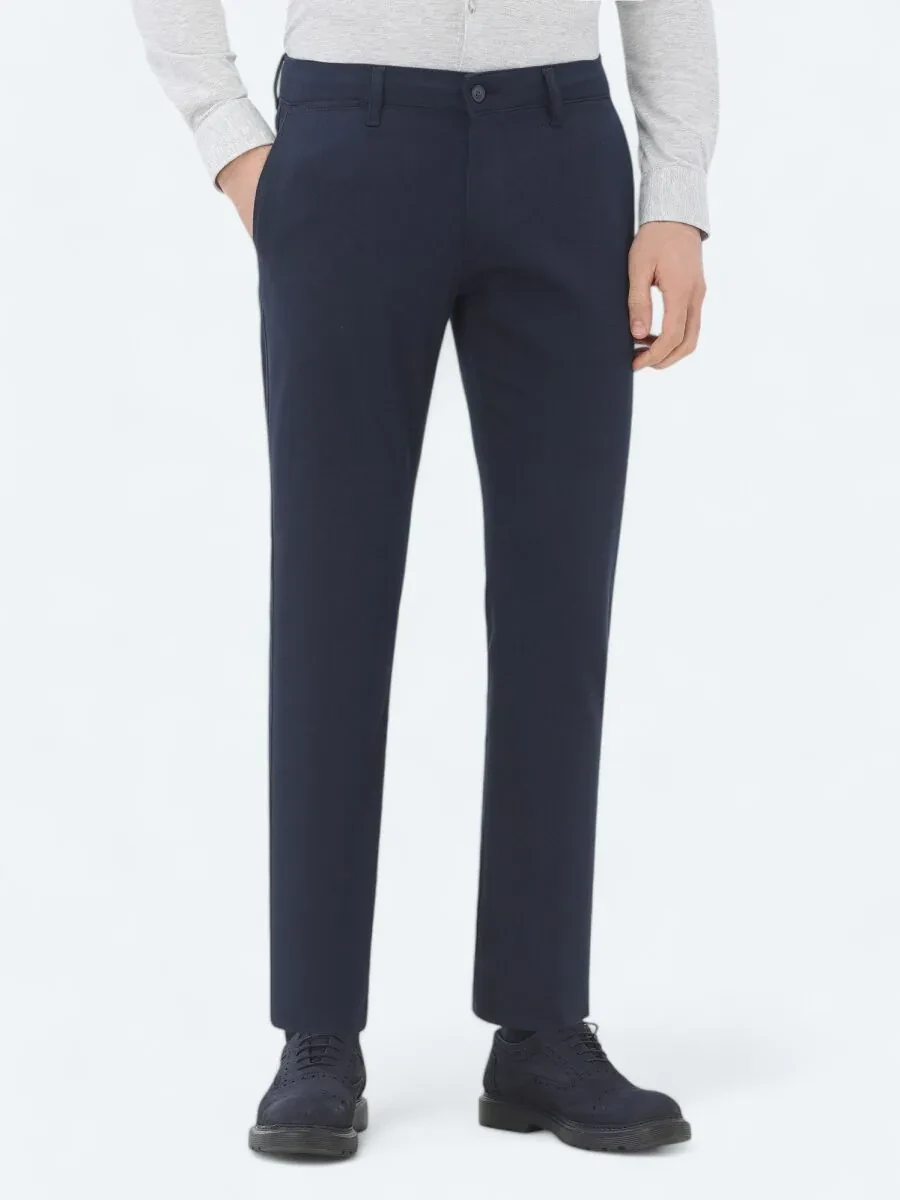 Navy Blue Weaving Regular Fit Casual Cotton Blended Trousers - 2