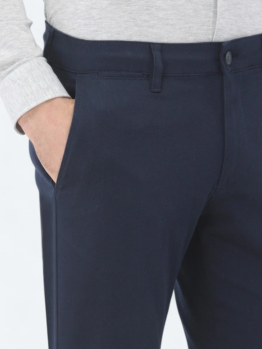 Navy Blue Weaving Regular Fit Casual Cotton Blended Trousers - 3