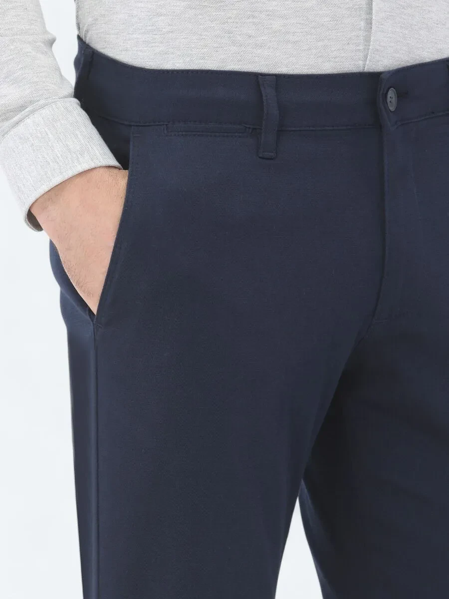 Navy Blue Weaving Regular Fit Casual Cotton Blended Trousers - 3