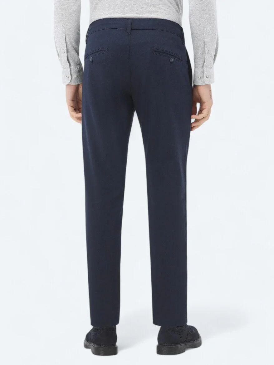 Navy Blue Weaving Regular Fit Casual Cotton Blended Trousers 