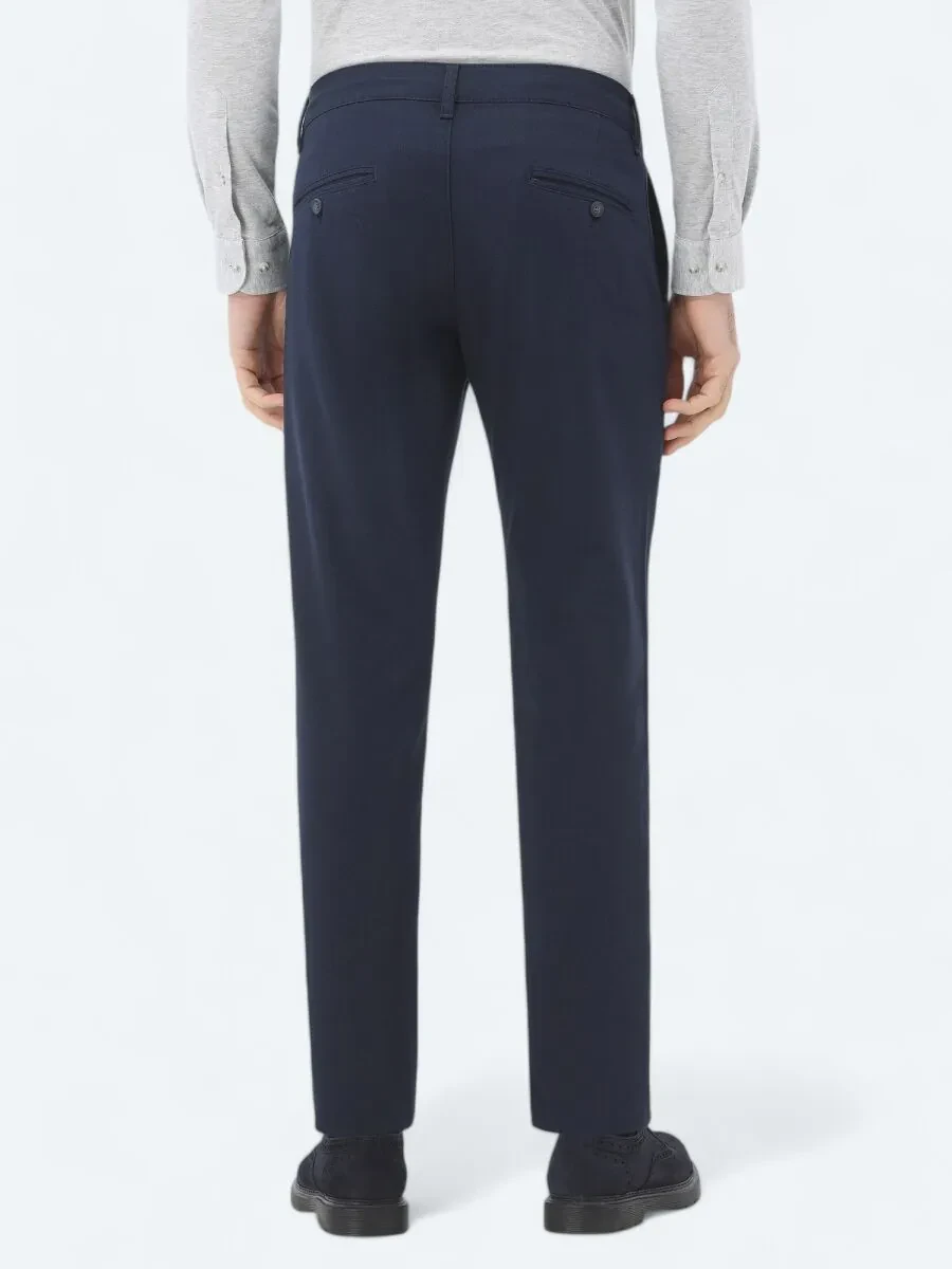Navy Blue Weaving Regular Fit Casual Cotton Blended Trousers - 4