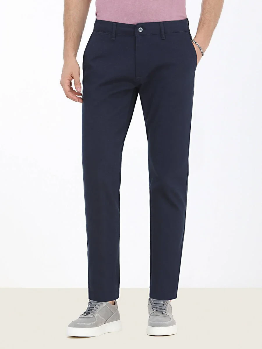 Navy Blue Weaving Regular Fit Casual Cotton Blended Trousers - 1