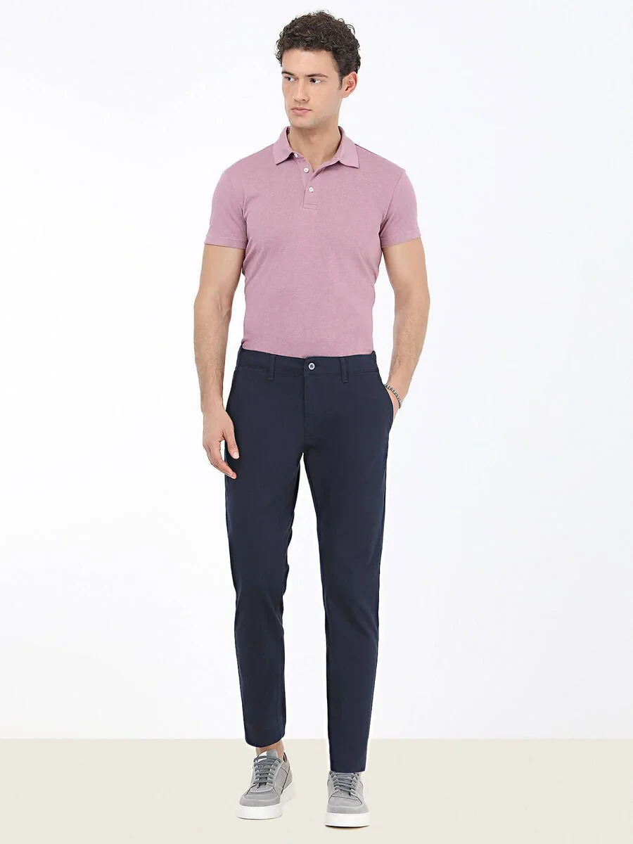 Navy Blue Weaving Regular Fit Casual Cotton Blended Trousers - 2