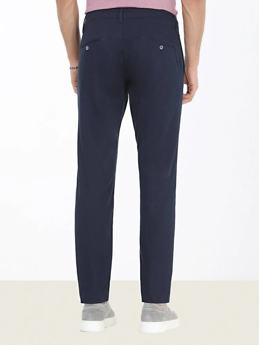 Navy Blue Weaving Regular Fit Casual Cotton Blended Trousers 