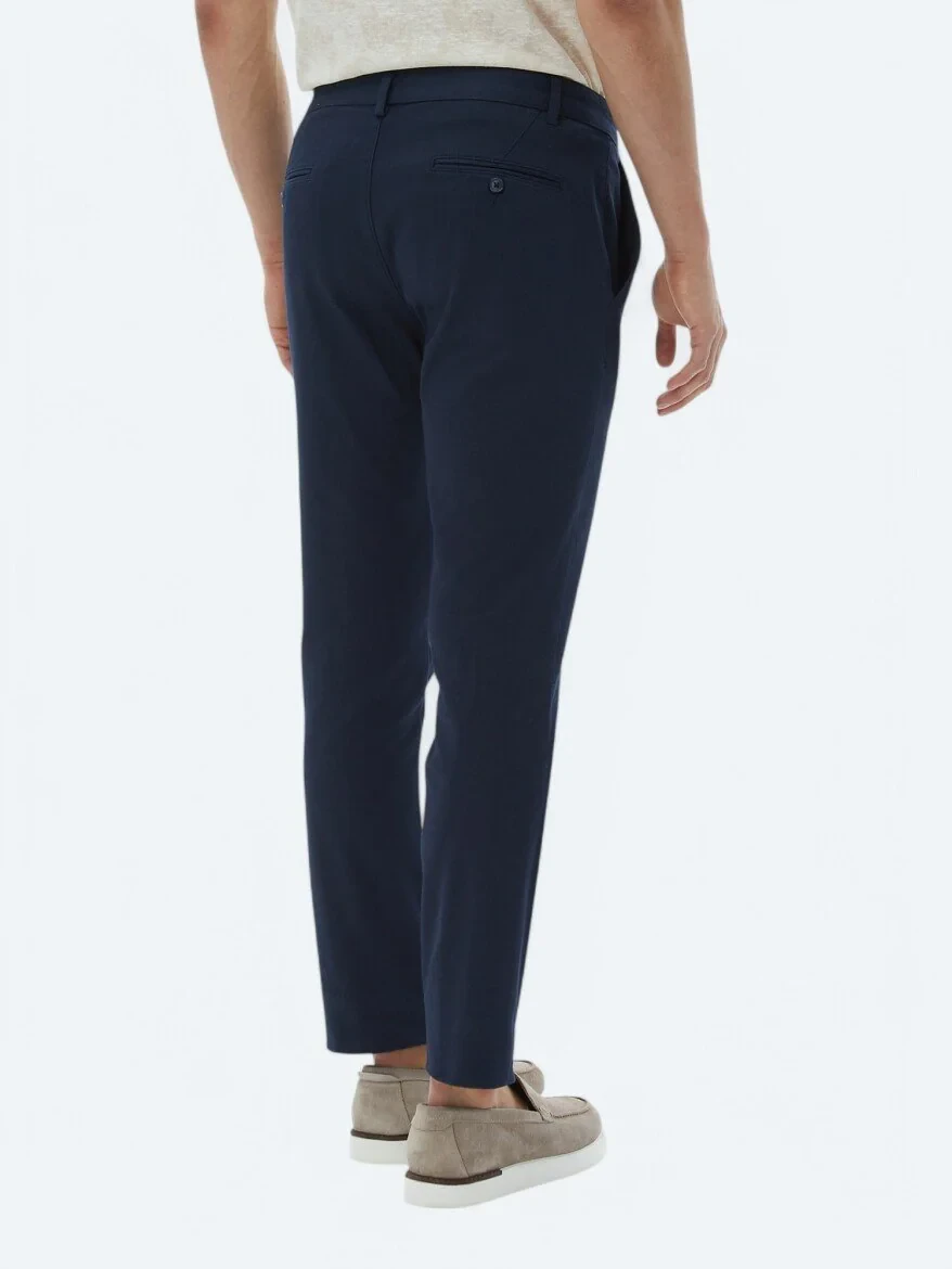 Navy Blue Weaving Regular Fit Casual Cotton Blended Trousers - 6