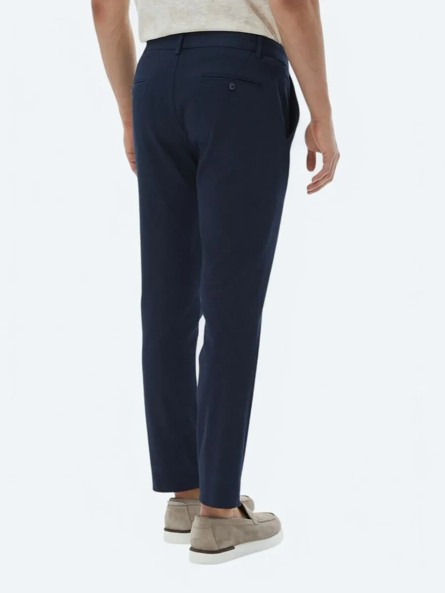 Navy Blue Weaving Regular Fit Casual Cotton Blended Trousers - 6