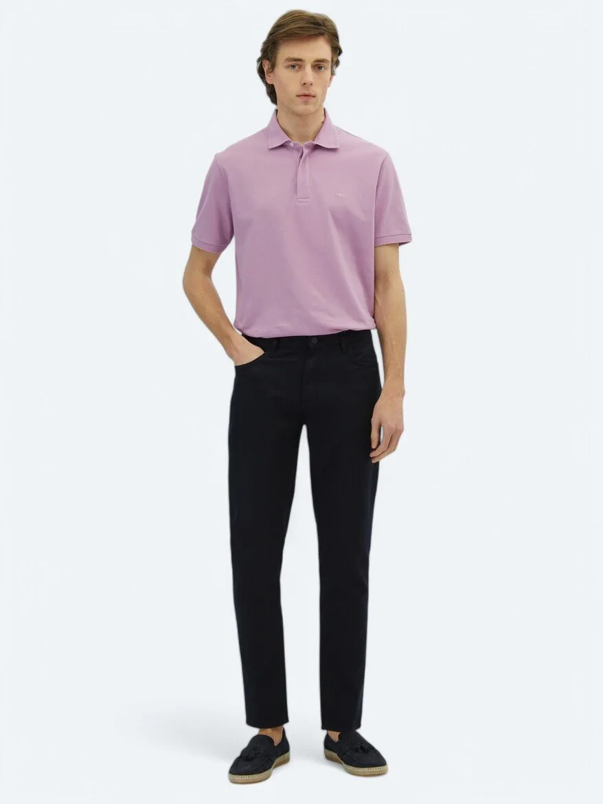 Navy Blue Weaving Regular Fit Casual Cotton Blended Trousers - 1