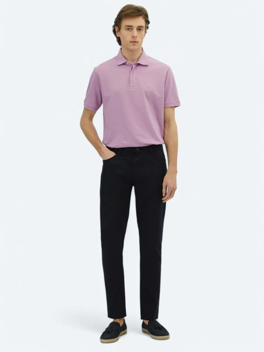 Navy Blue Weaving Regular Fit Casual Cotton Blended Trousers - 1