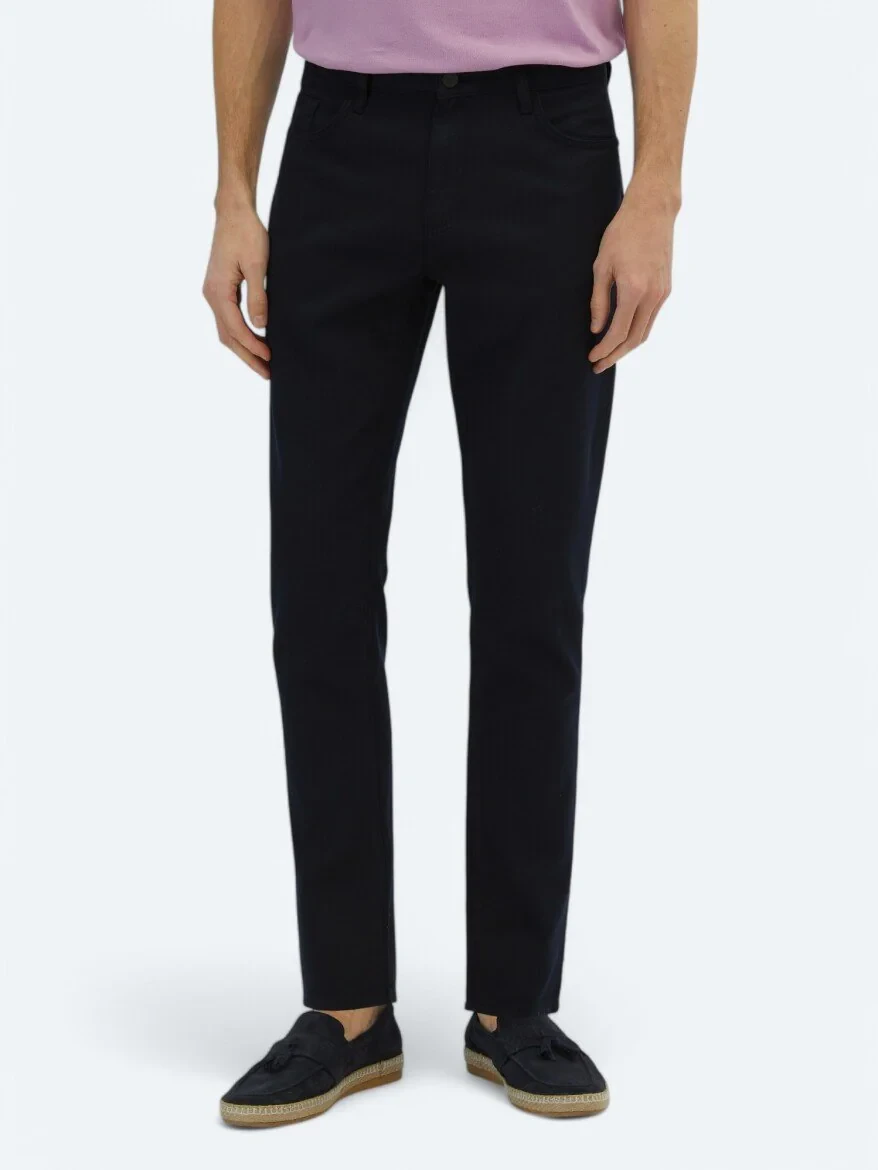 Navy Blue Weaving Regular Fit Casual Cotton Blended Trousers - 2