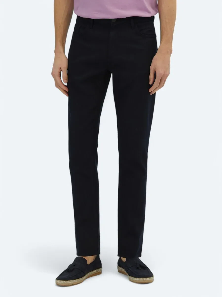 Navy Blue Weaving Regular Fit Casual Cotton Blended Trousers - 2