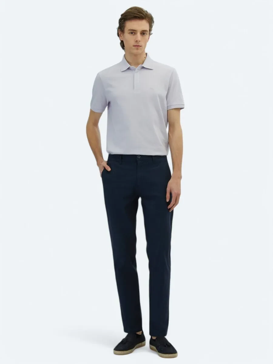 Navy Blue Weaving Regular Fit Casual Cotton Blended Trousers - 1