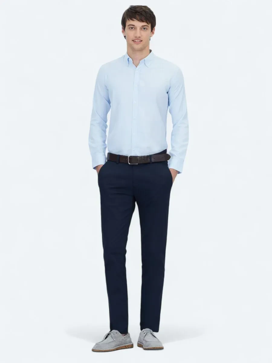 Navy Blue Weaving Regular Fit Casual Cotton Blended Trousers - 1