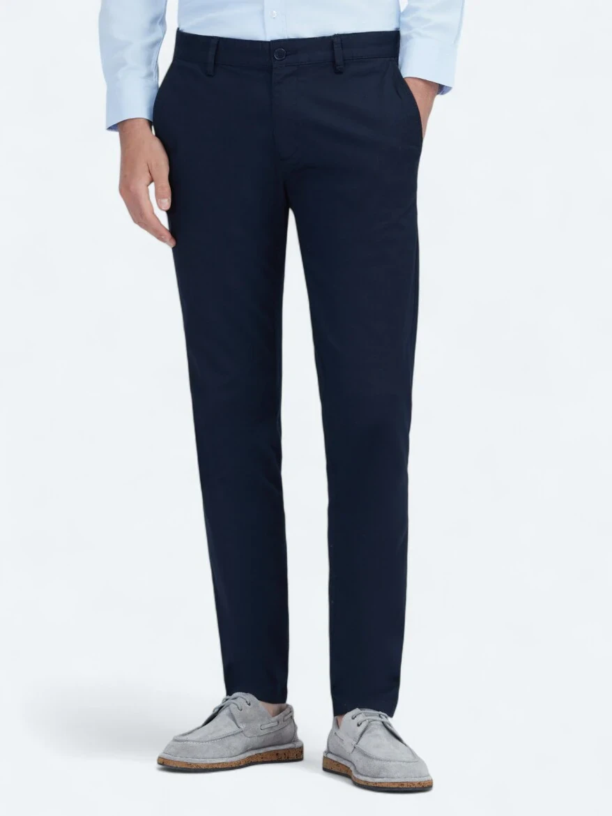 Navy Blue Weaving Regular Fit Casual Cotton Blended Trousers - 2