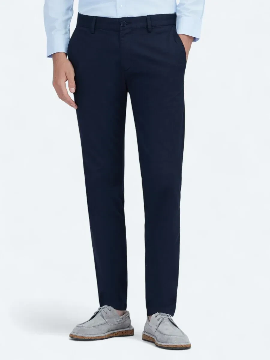 Navy Blue Weaving Regular Fit Casual Cotton Blended Trousers - 2