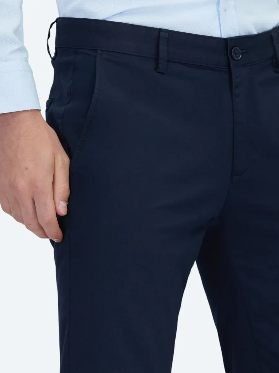 Navy Blue Weaving Regular Fit Casual Cotton Blended Trousers - 3