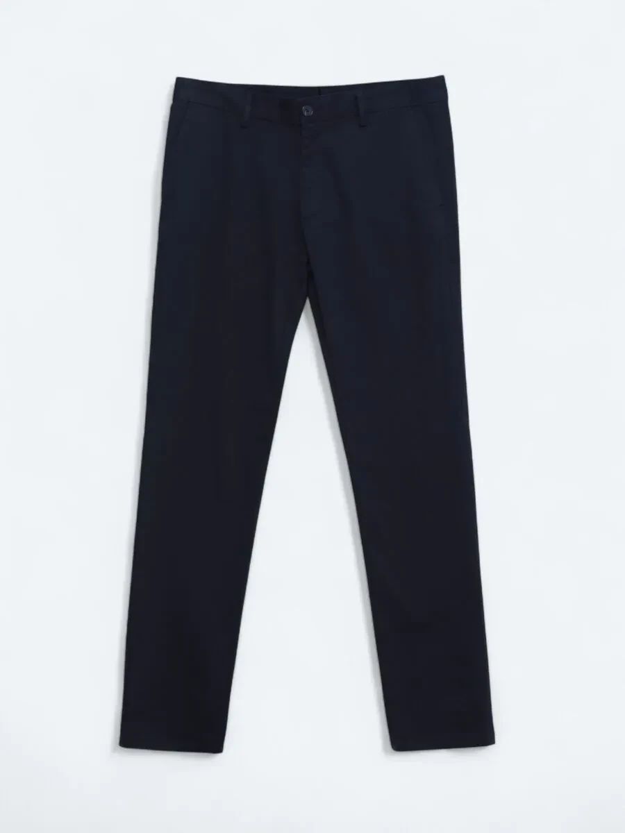 Navy Blue Weaving Regular Fit Casual Cotton Blended Trousers - 5