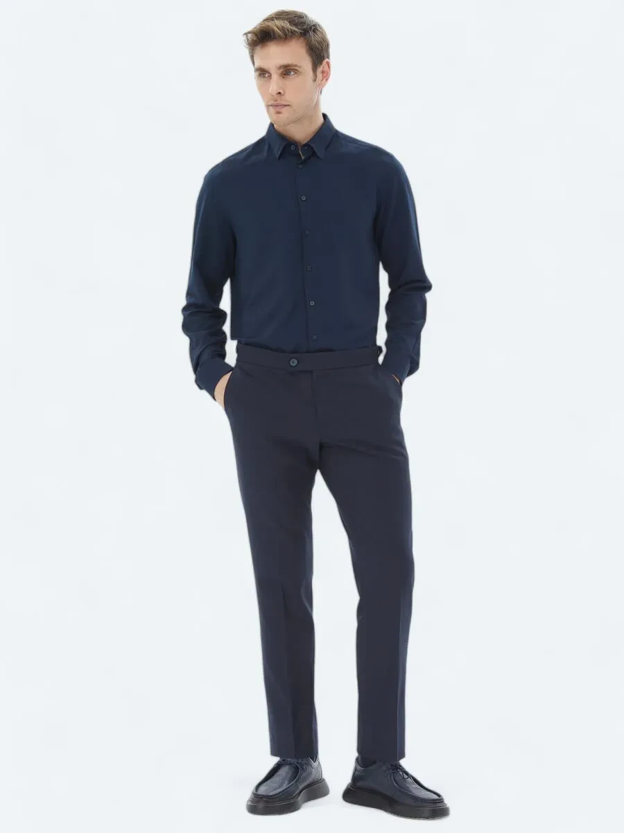Navy Blue Weaving Regular Fit Casual Trousers - 1