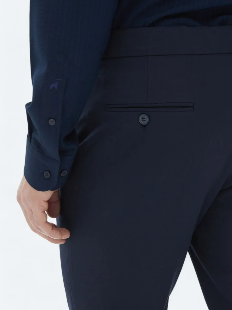 Navy Blue Weaving Regular Fit Casual Trousers - 4