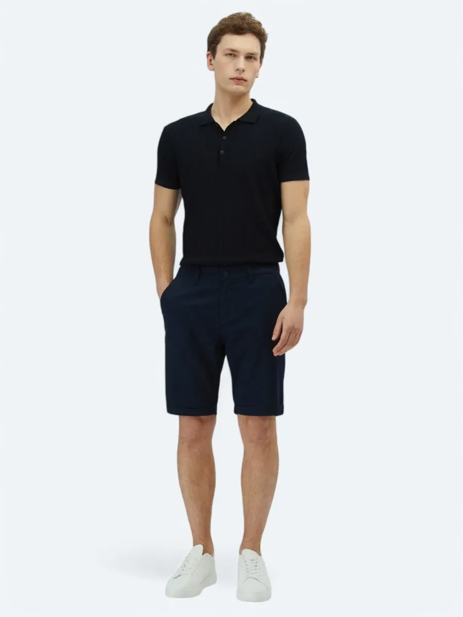Navy Blue Weaving Slim Fit Casual Cotton Blended Bermuda - 1