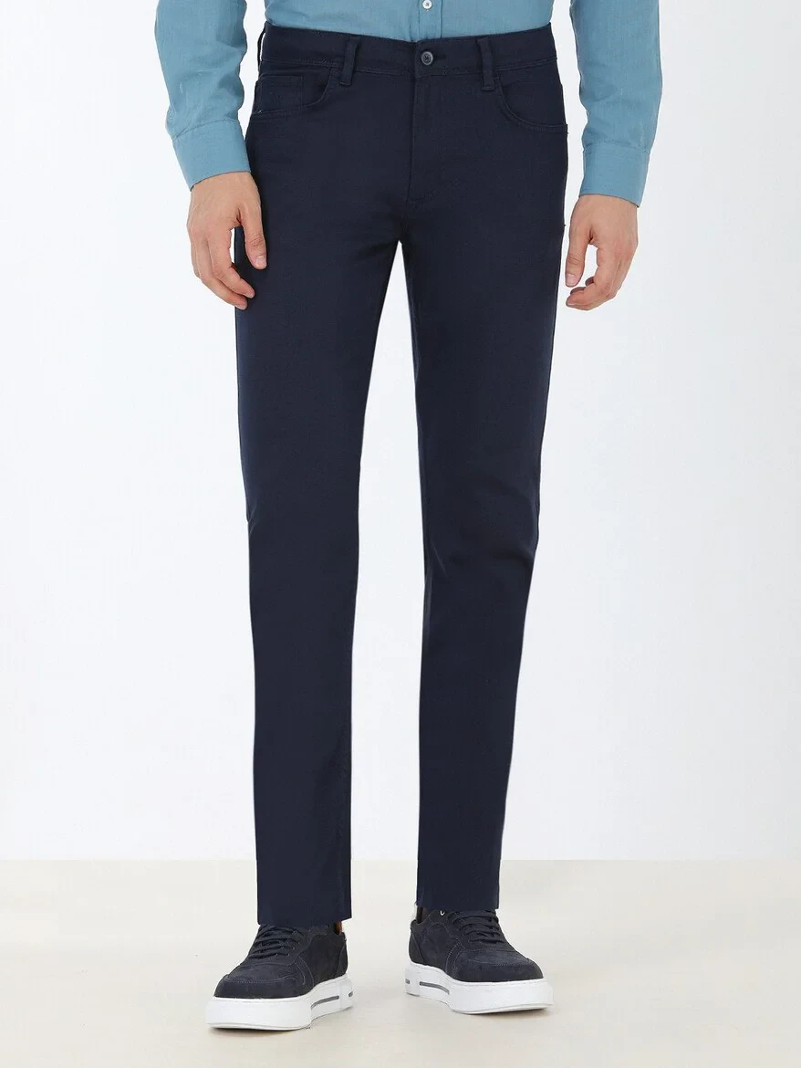 Navy Blue Weaving Slim Fit Casual Cotton Blended Trousers - 1