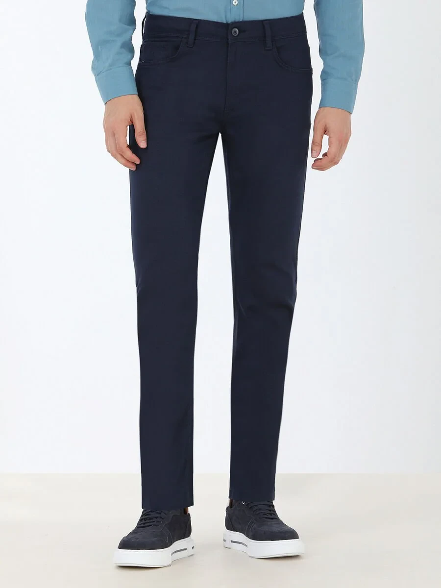 Navy Blue Weaving Slim Fit Casual Cotton Blended Trousers - 1
