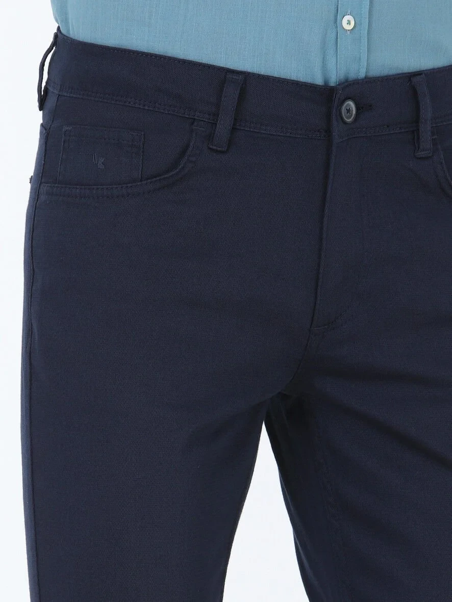 Navy Blue Weaving Slim Fit Casual Cotton Blended Trousers - 3