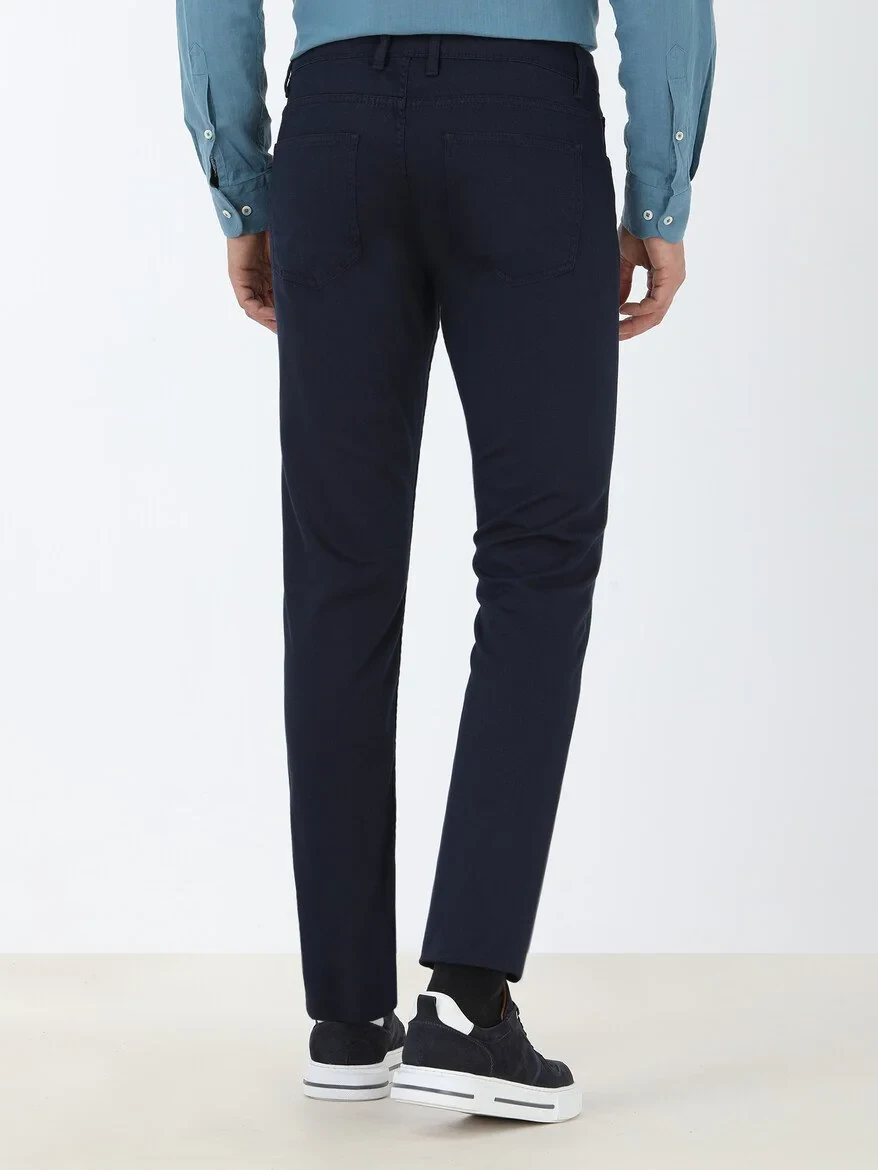 Navy Blue Weaving Slim Fit Casual Cotton Blended Trousers 