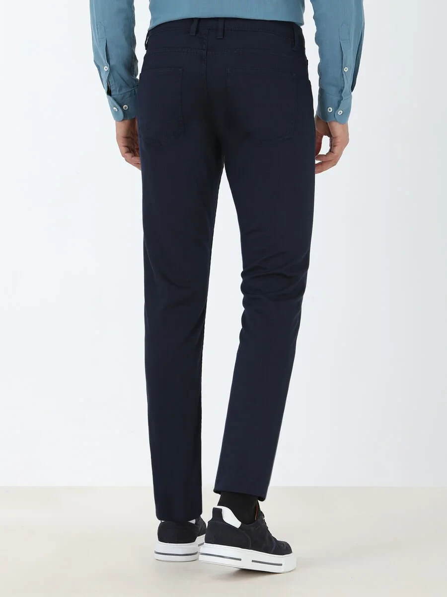 Navy Blue Weaving Slim Fit Casual Cotton Blended Trousers - 4