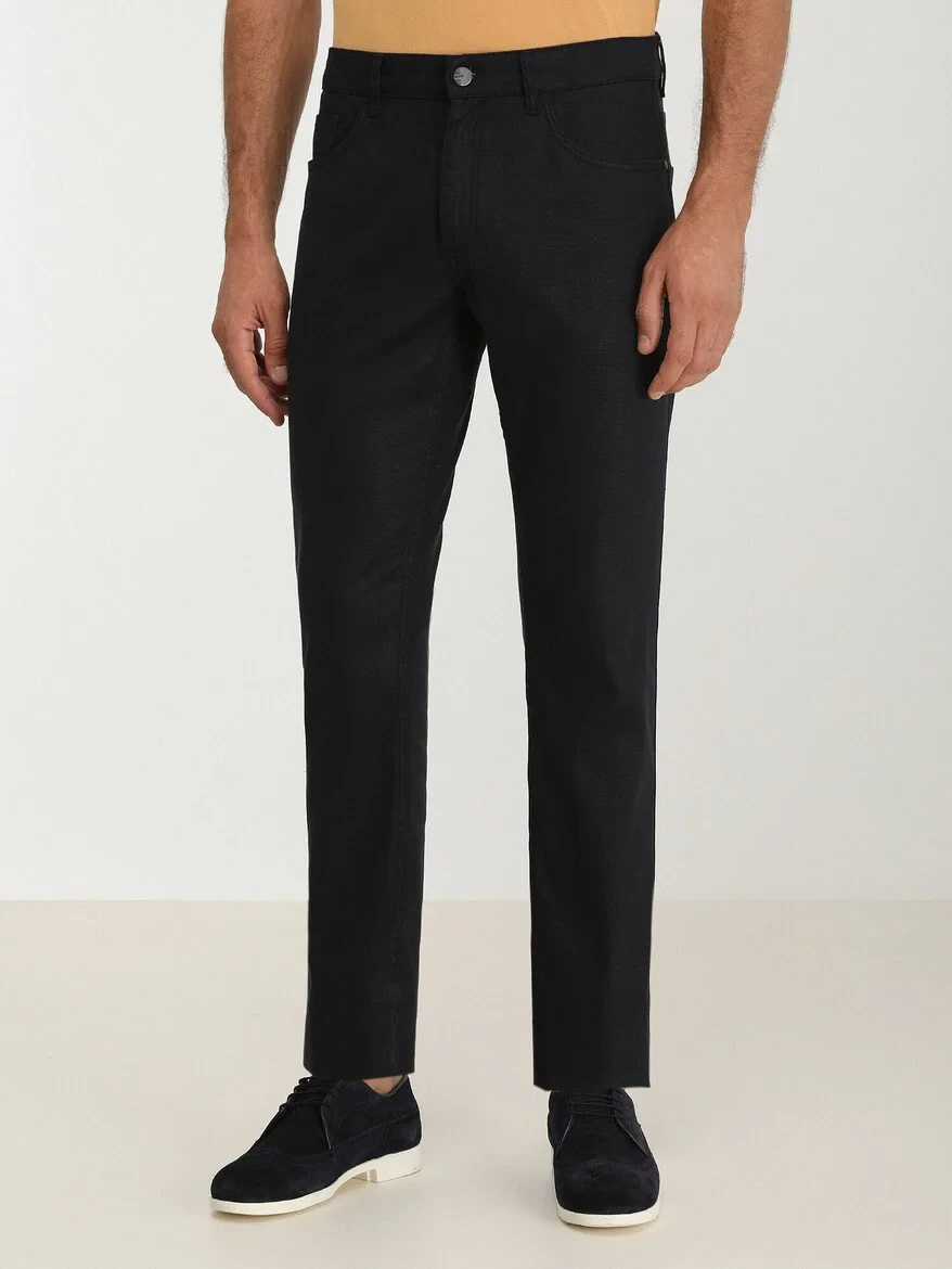 Navy Blue Weaving Slim Fit Casual Cotton Blended Trousers - 1