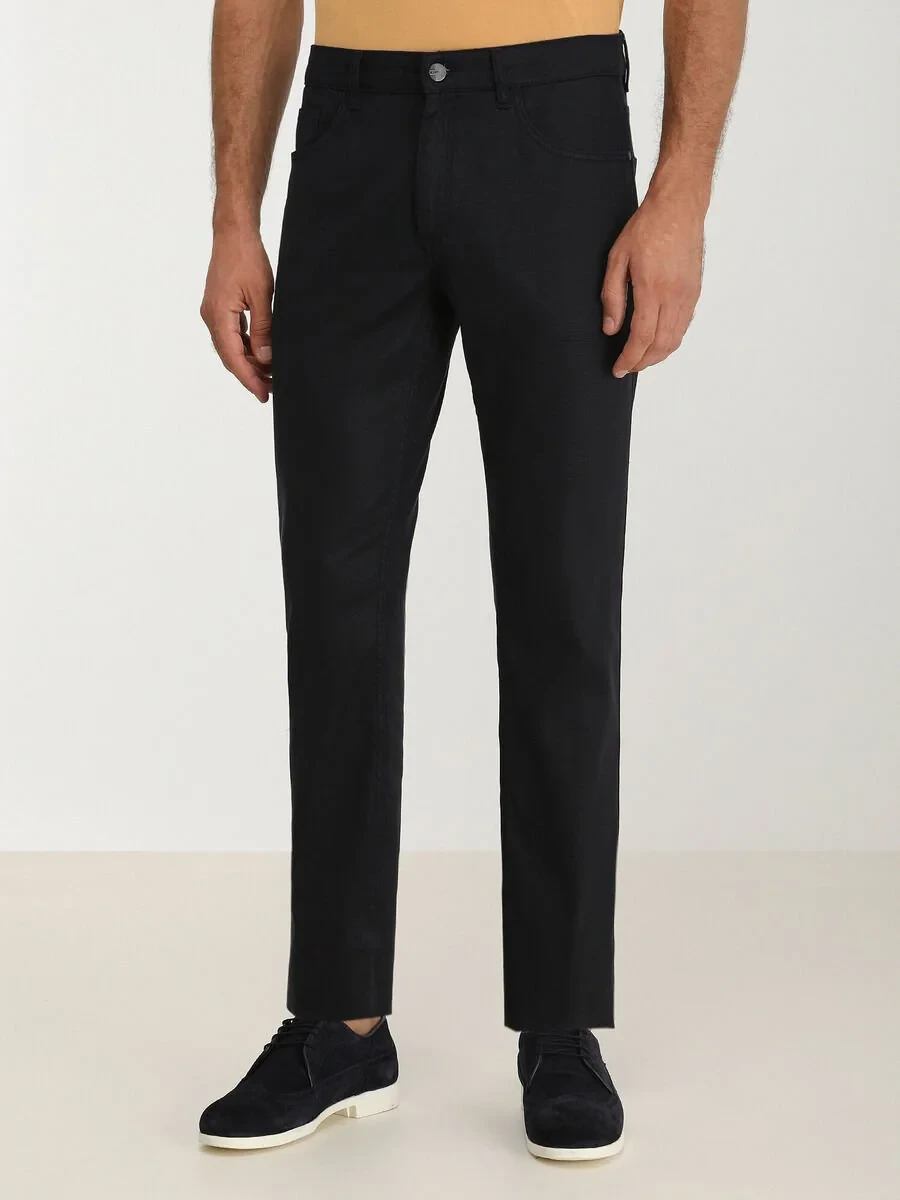 Navy Blue Weaving Slim Fit Casual Cotton Blended Trousers - 1
