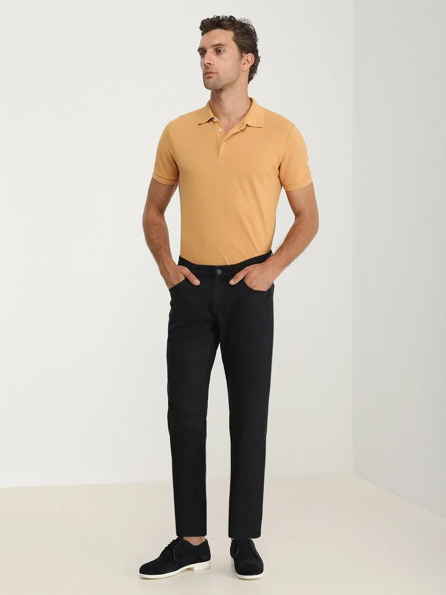 Navy Blue Weaving Slim Fit Casual Cotton Blended Trousers - 2